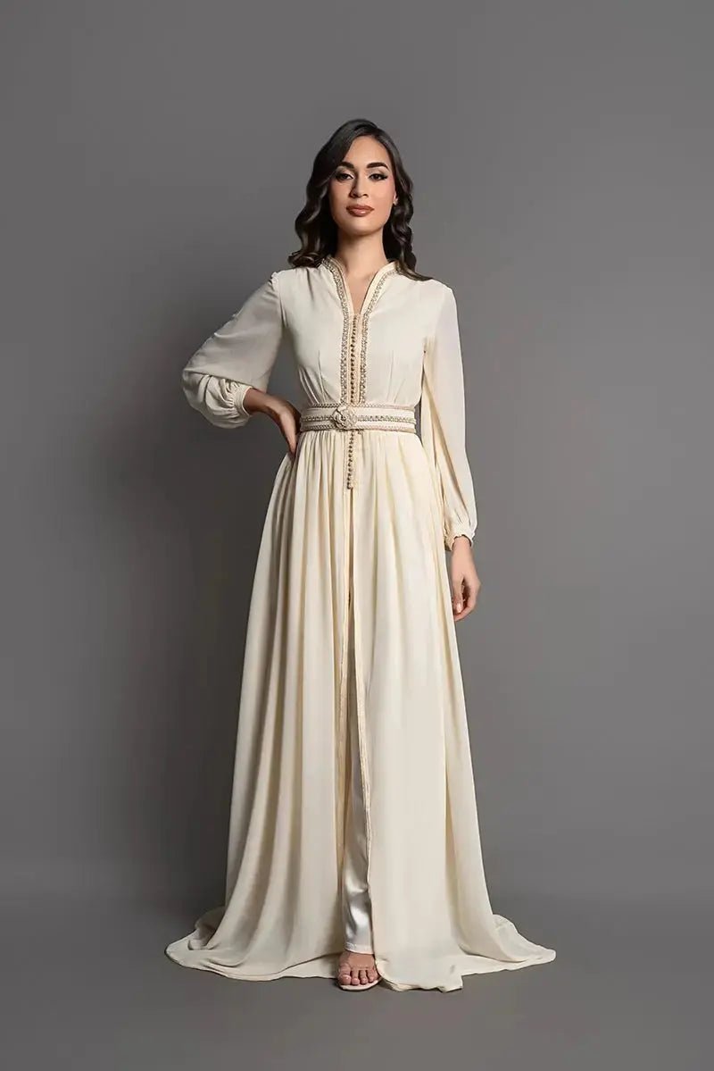 Ivory chiffon caftan with satin trousers