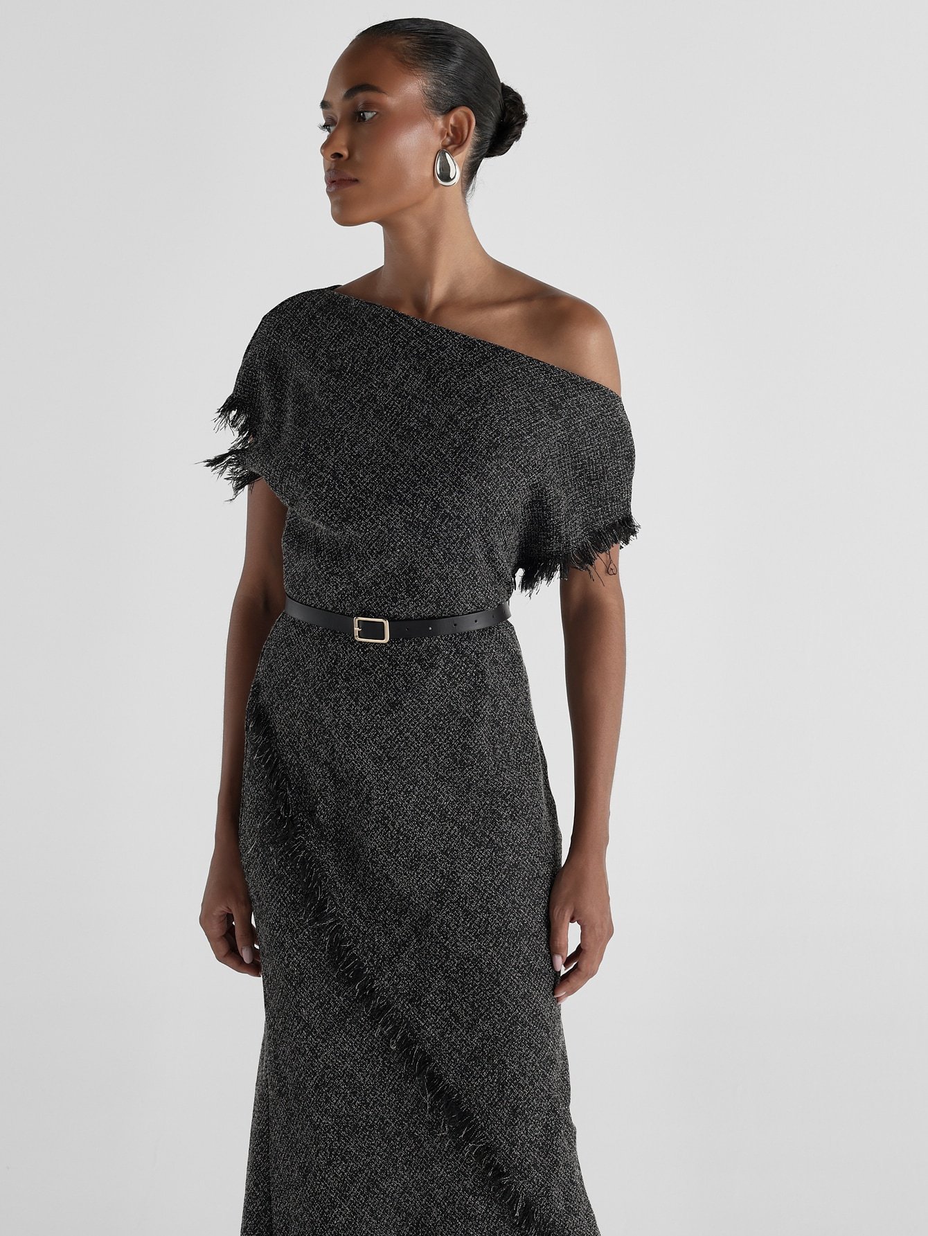 Kstm Formal One Shoulder Tweed Evening Dress With Fringe Trim