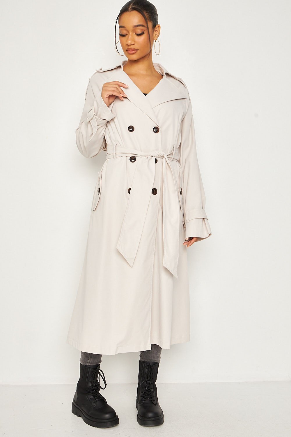 Beige plain belted trench coat