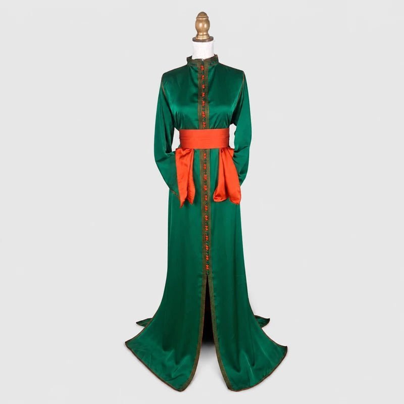Caftan drap de soie vert doublé orange