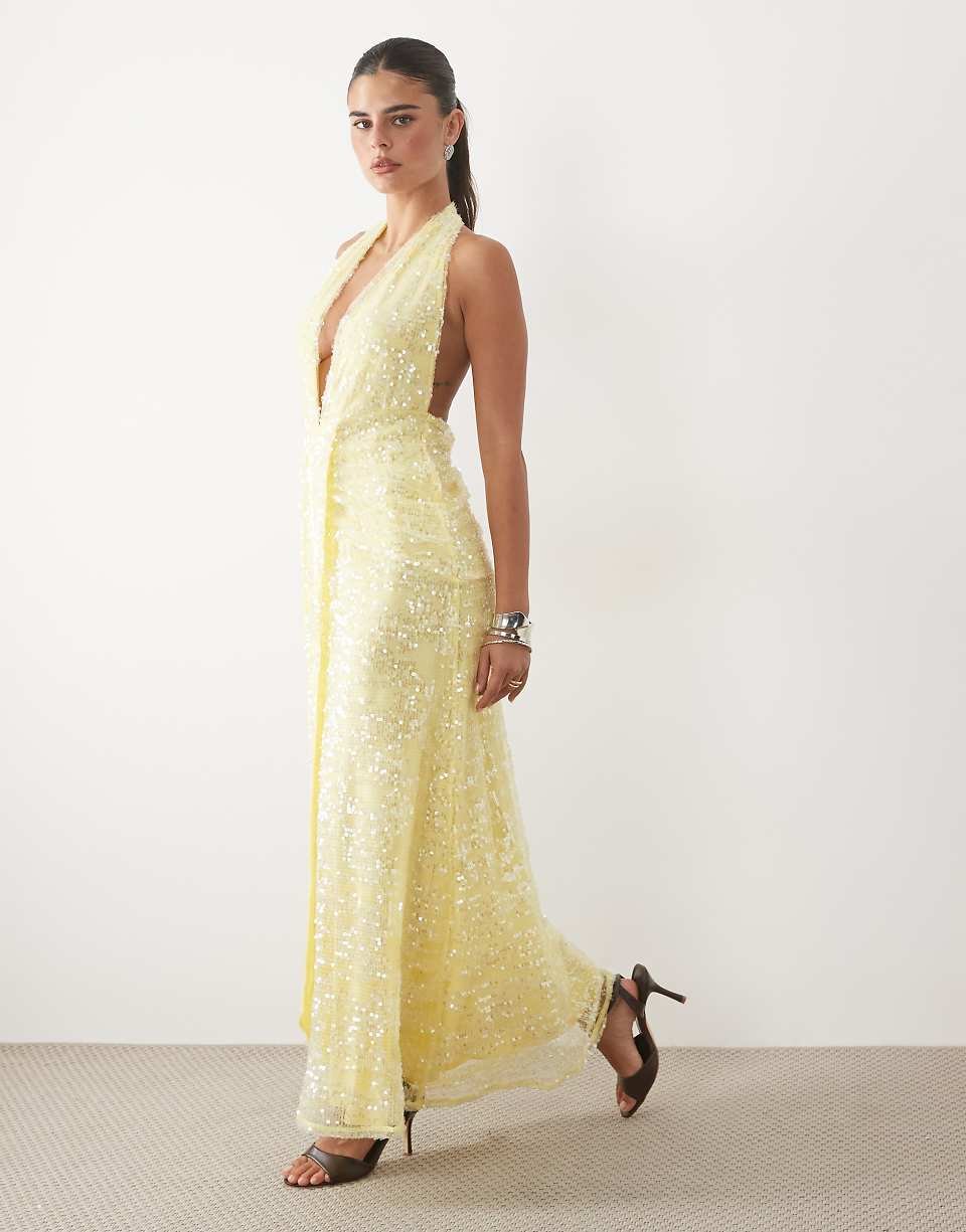 Pleated sequin backless maxi dress