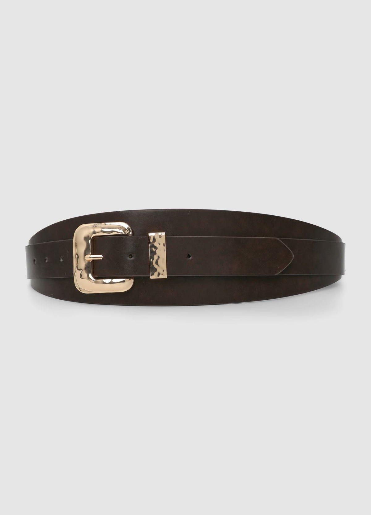 Wide belt with hammered gold buckle