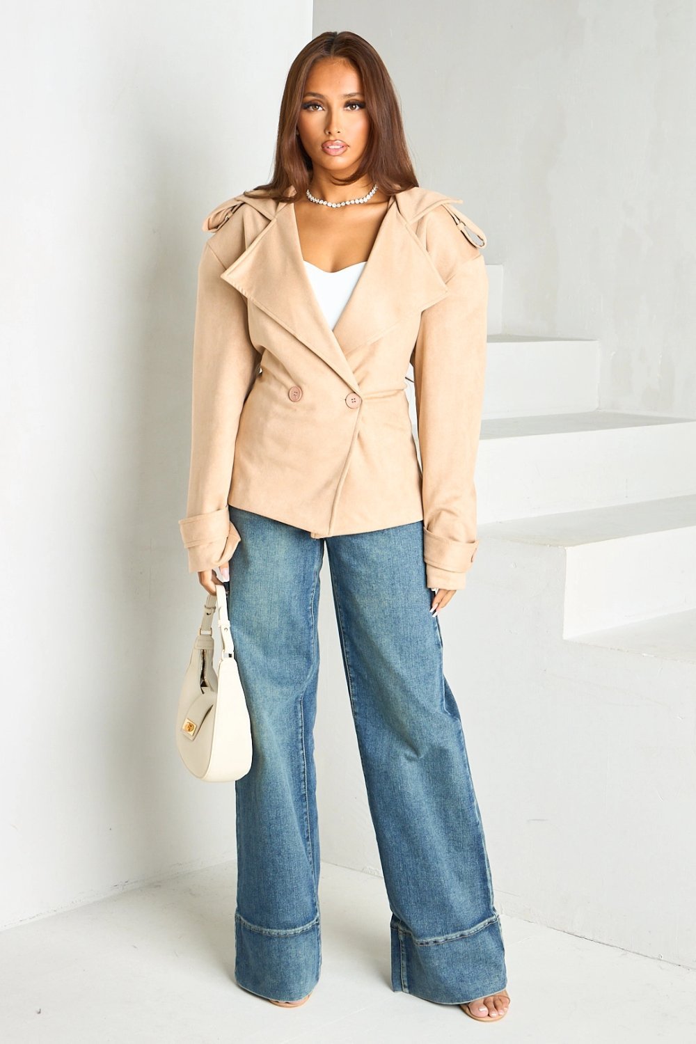 Camel belted fitted suede-effect blazer