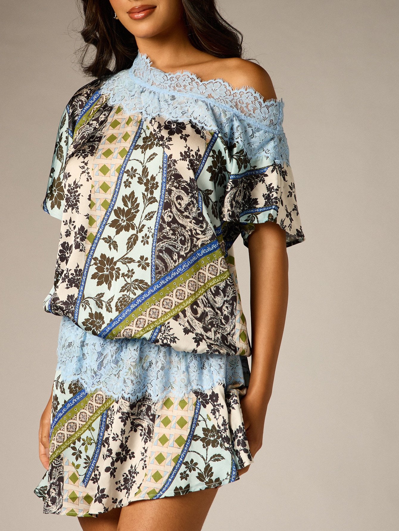 Off the shoulder paisley print mini dress