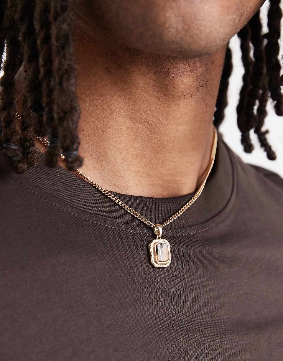 Collier avec pendentif carré en pierre œil-de-tigre semi-précieuse - Doré