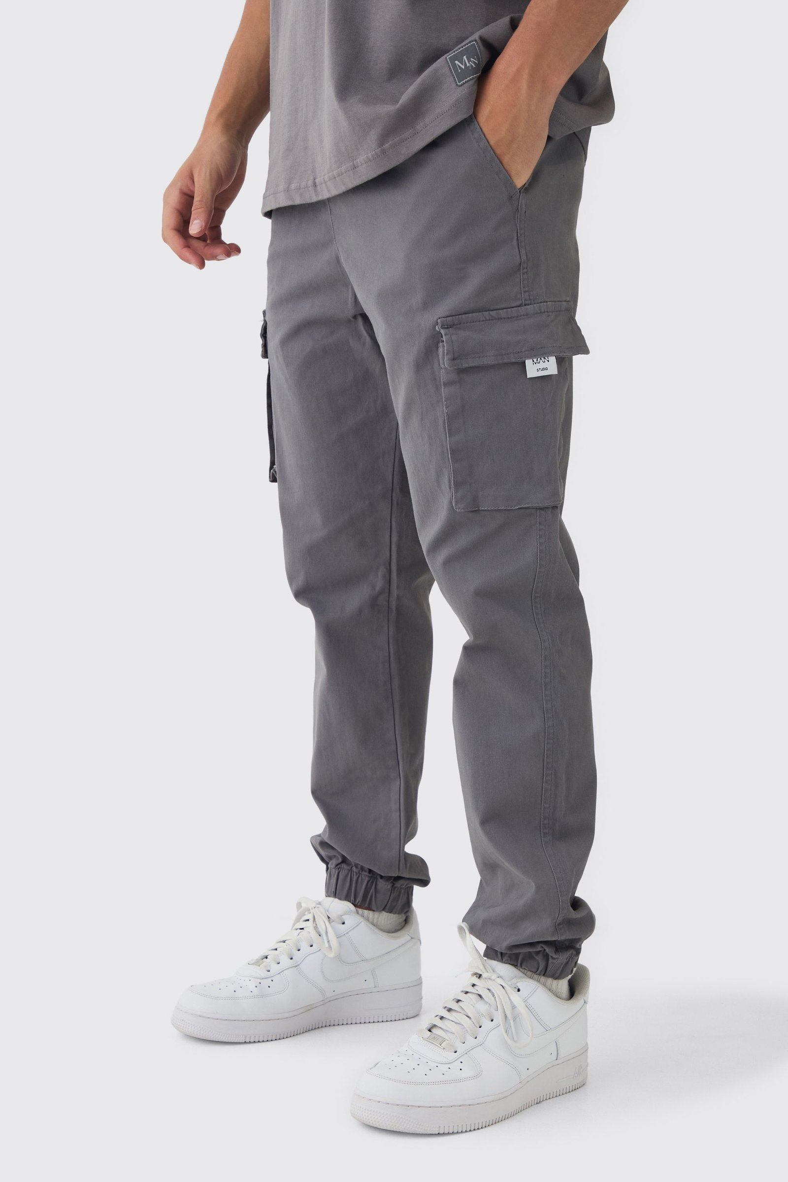 Pantalon Cargo Fuselé à Taille Élastique avec Revers
