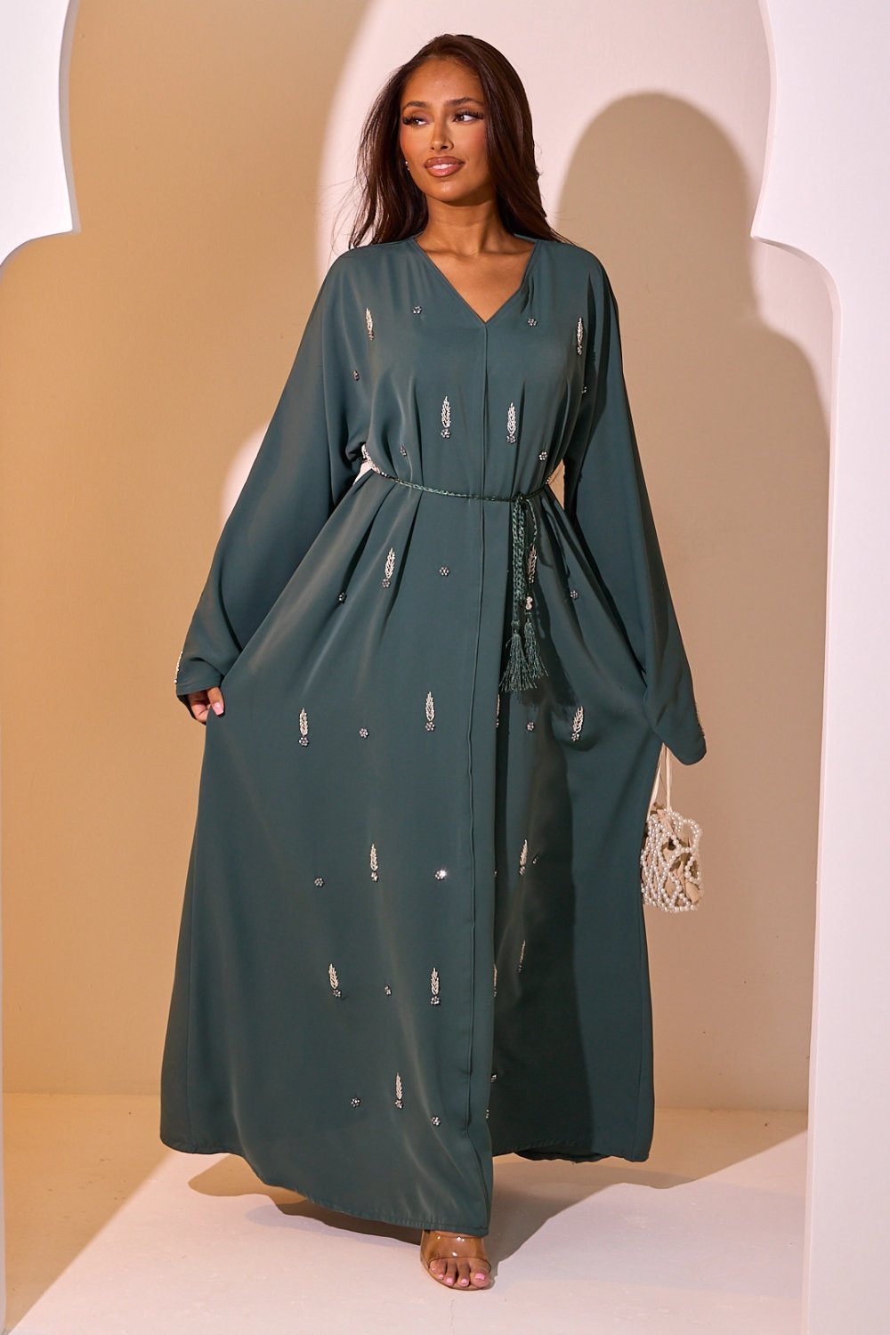Abaya à strass épis et fleurs vert foncé