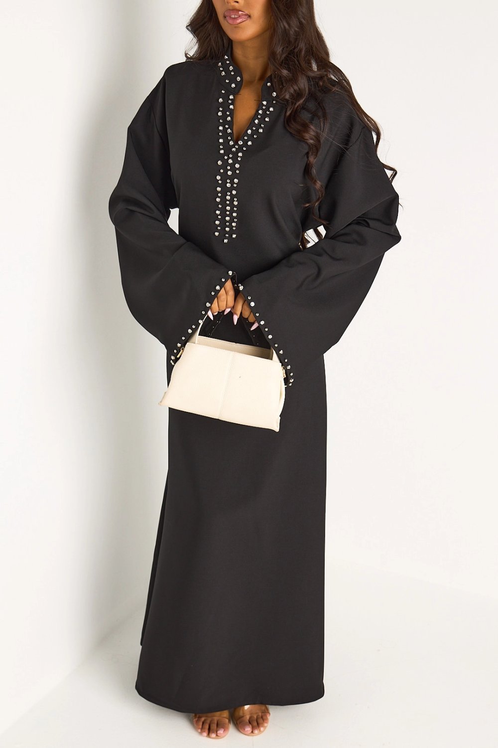 Black V-neck abaya with rhinestones