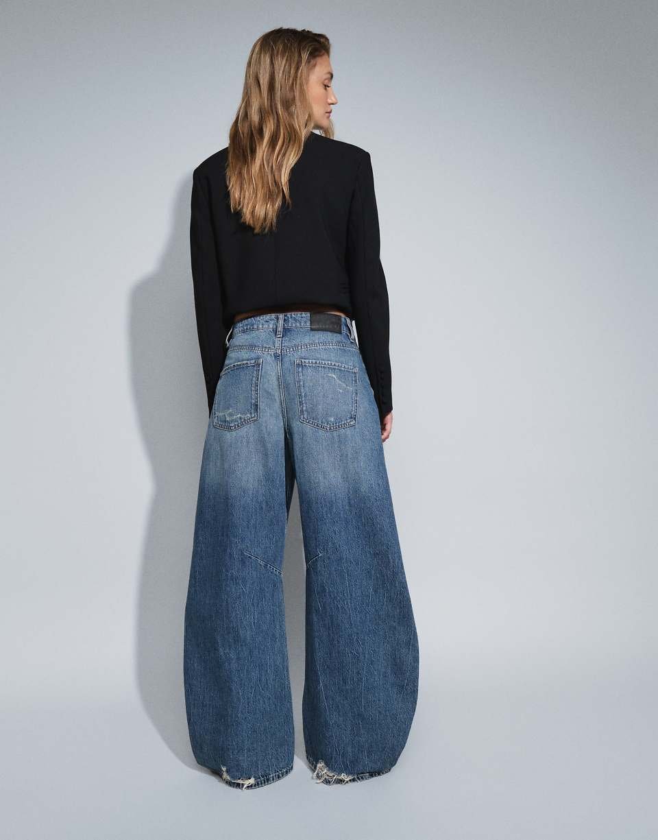 Jean barrel b nœud w déchirures, bleu moyen ghamq