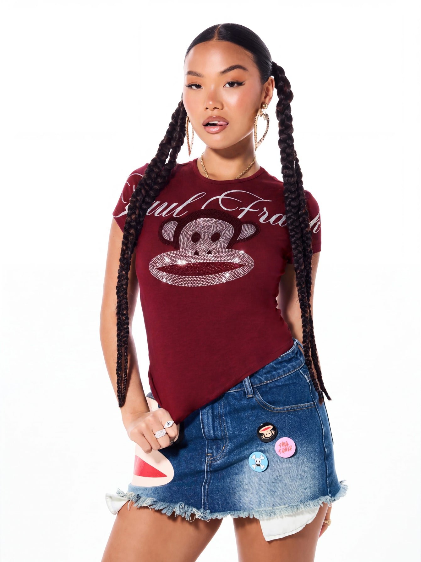 T-shirt court ajusté avec graphique de singe en strass