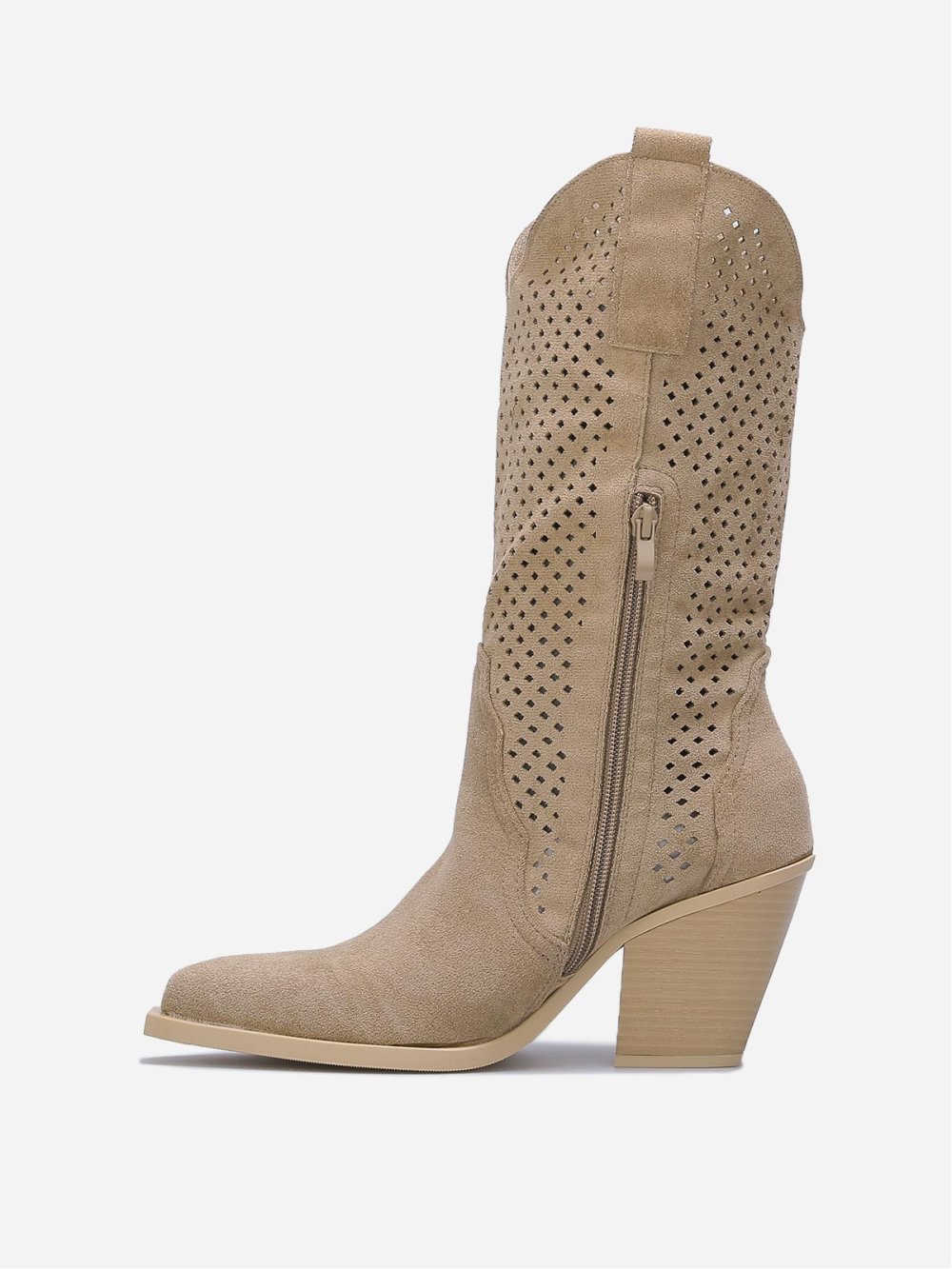 Taupe high-heel cut-out cowboy boots