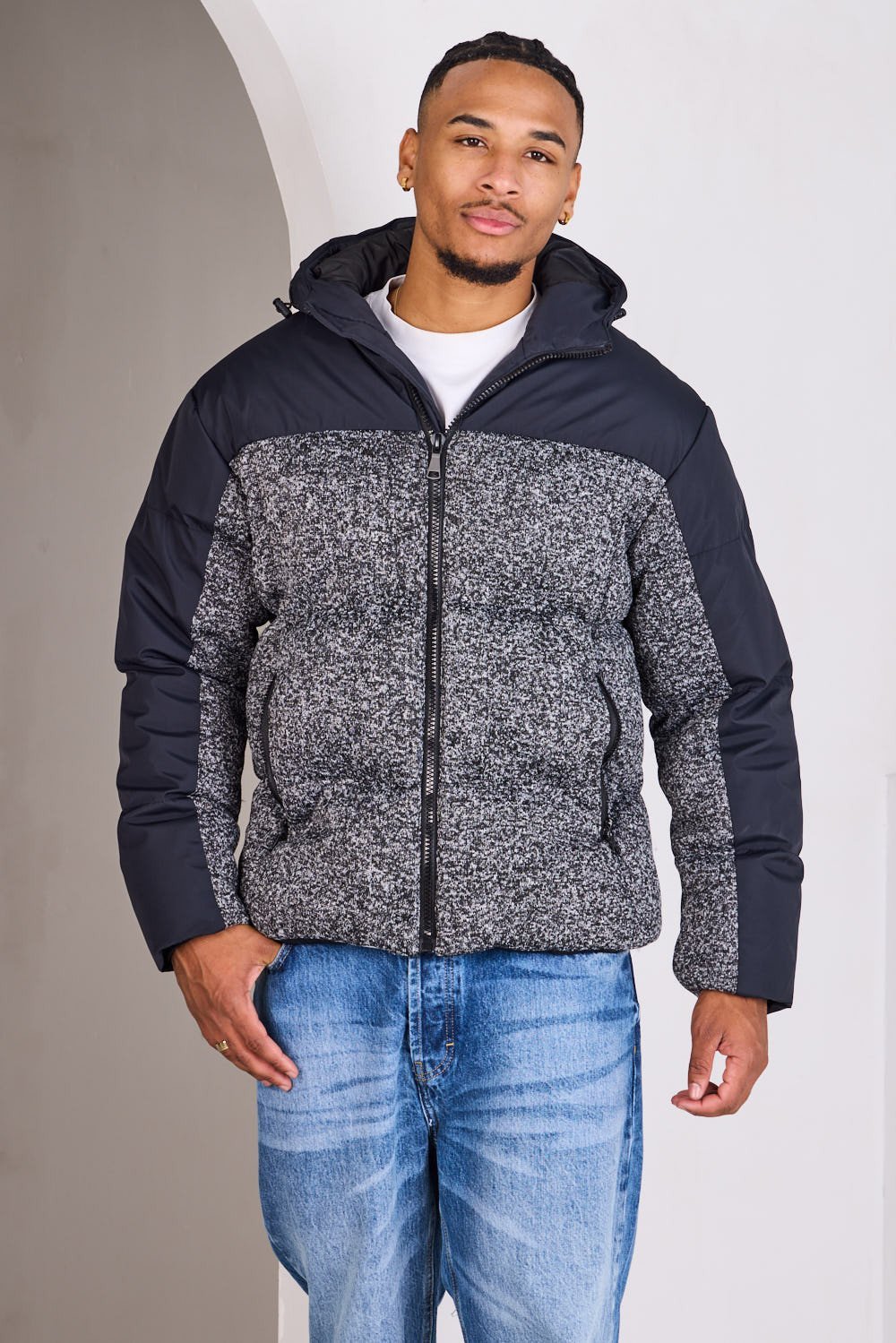 Black hooded puffer with marl panel