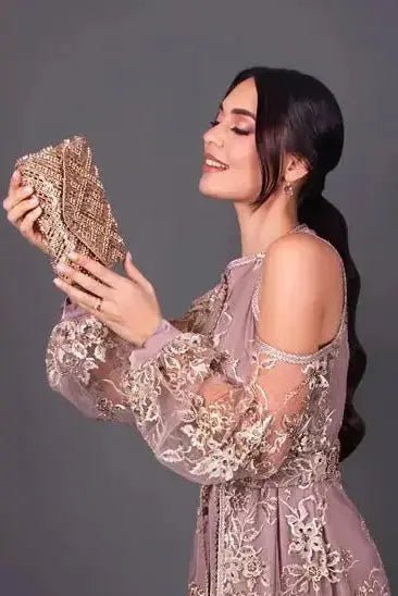 حقيبة سهرة صغيرة مطرزة بالخرز برونزية