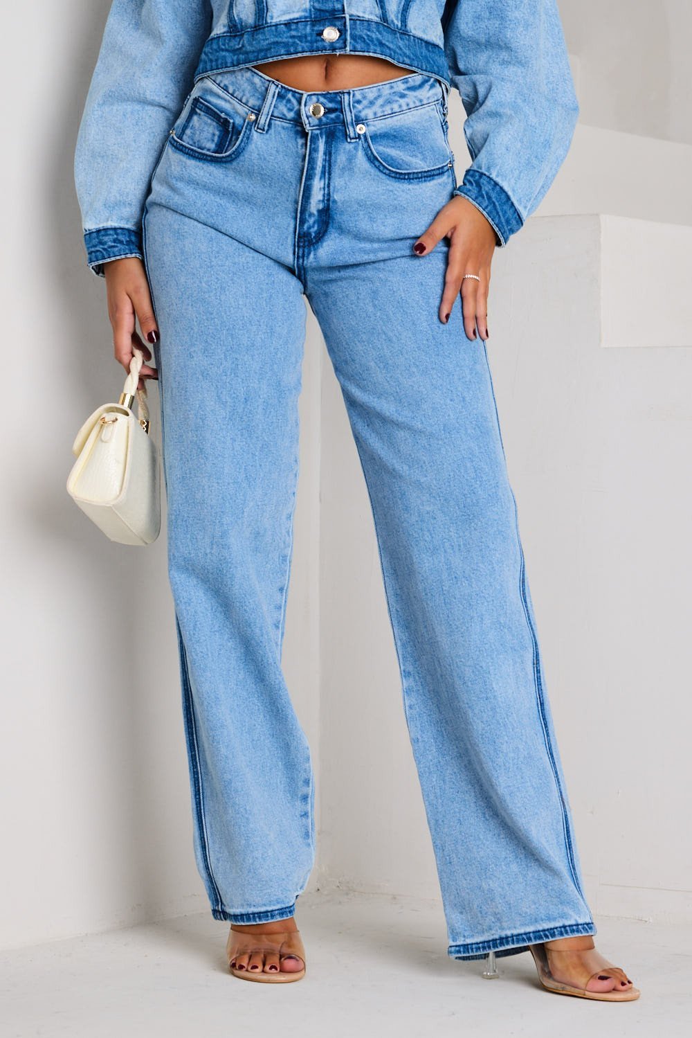 Light blue high-waisted washed flared jeans