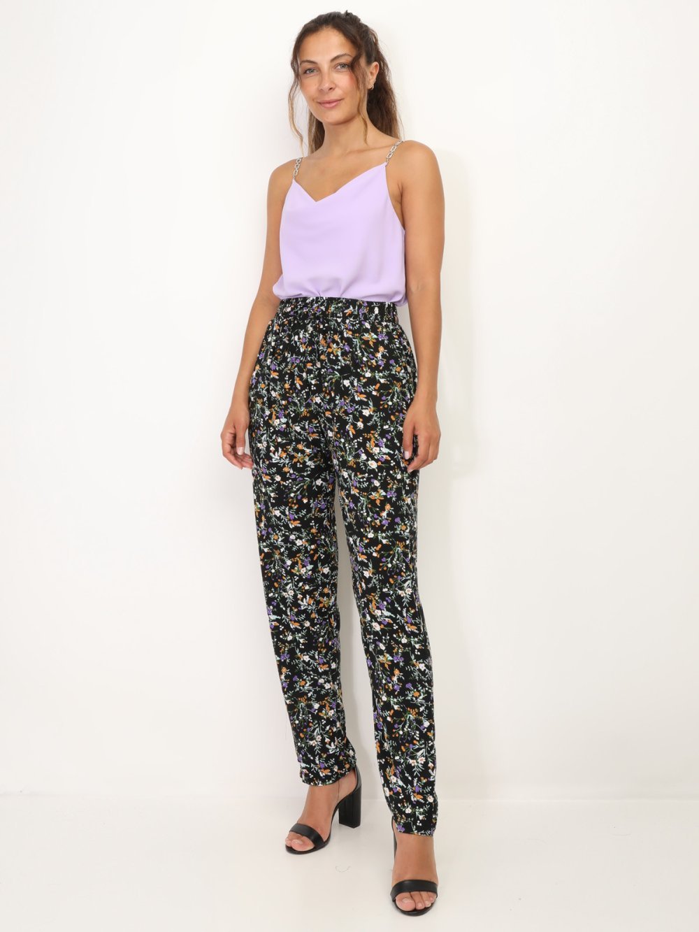 Lilac cowl-neck cami with rhinestone straps