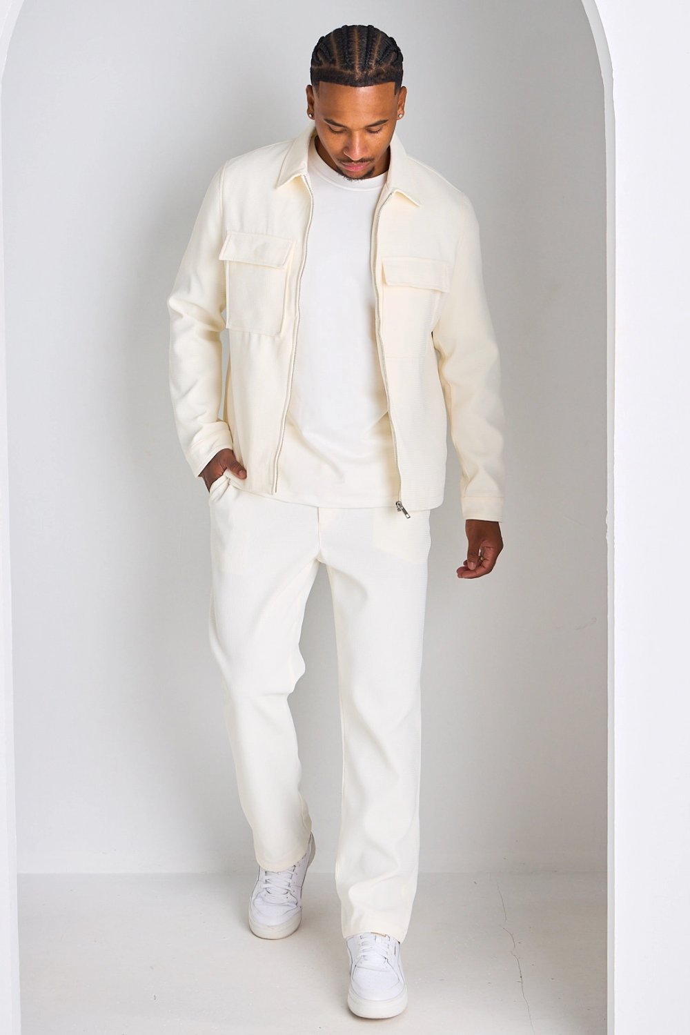 White waffle-knit zip jacket and trousers set