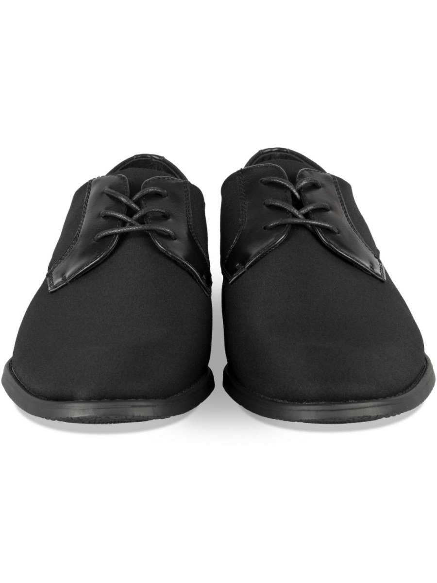 Black mixed-material derbies, brogued heel