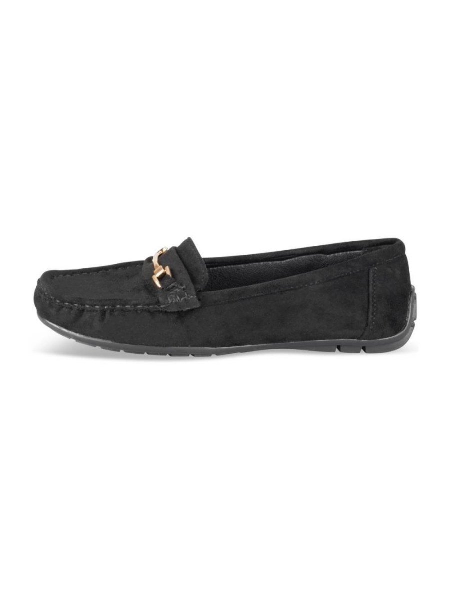 Black faux suede loafers, gold chain