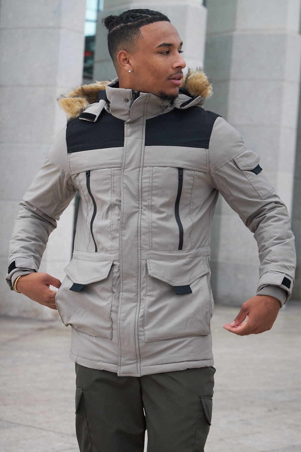 Beige waterproof parka with fur hood