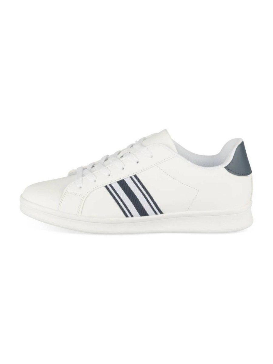 White and navy sneakers with side stripes