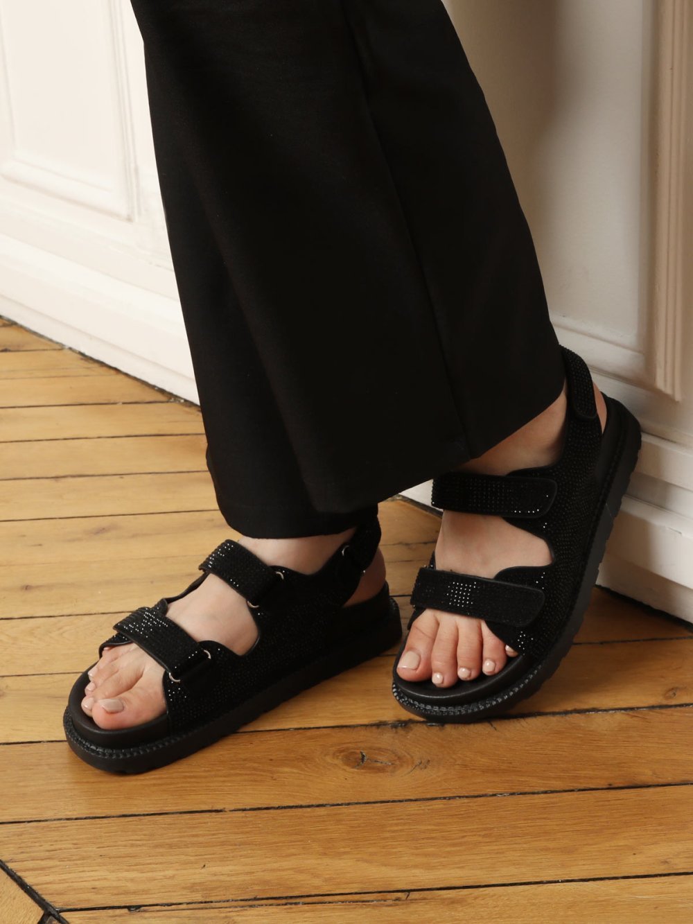 Black rhinestone strap sandals with lug sole