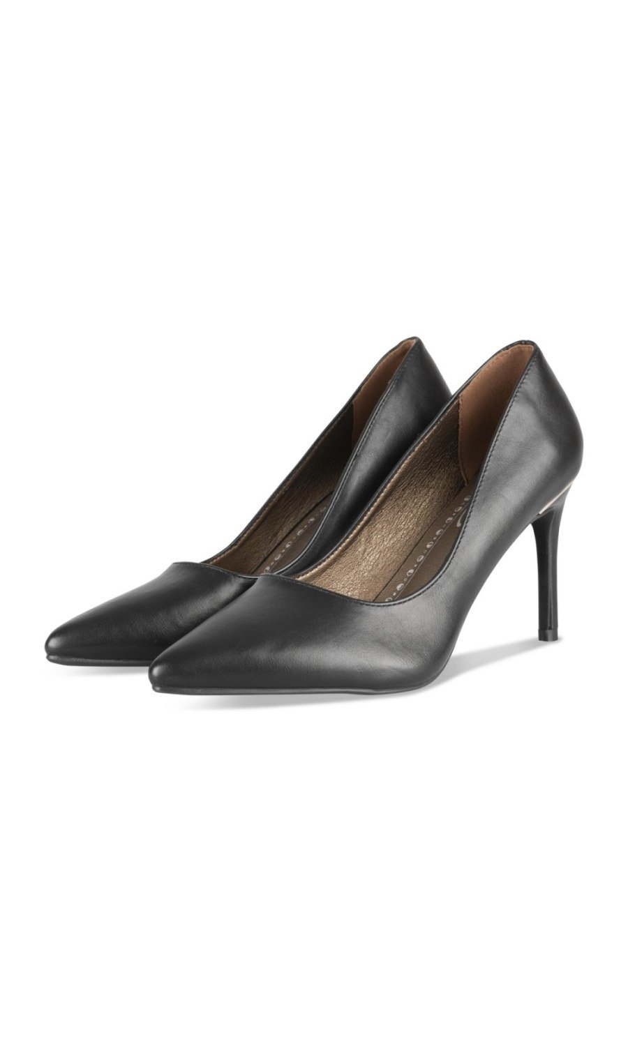 Black stiletto pumps with gold-tone trim