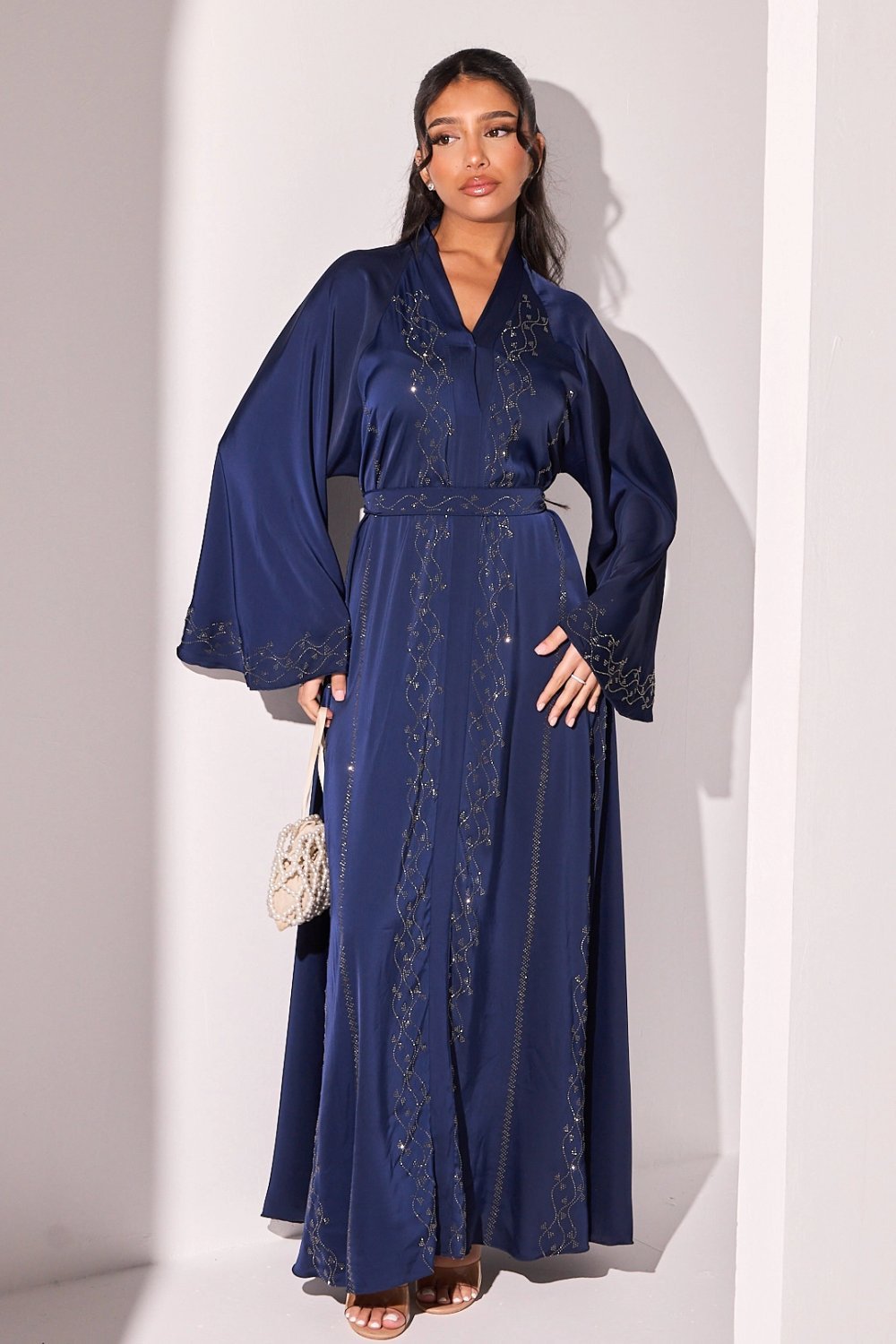 Abaya manches évasées à strass vagues bleu foncé