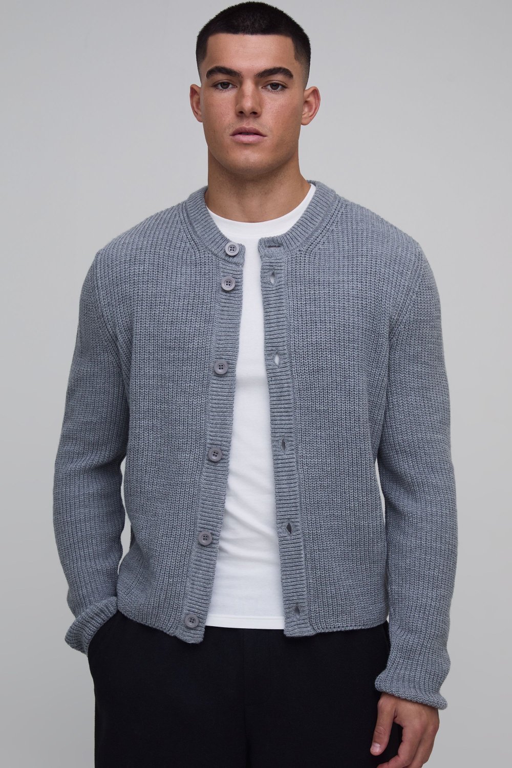 Grey ribbed button-up cardigan
