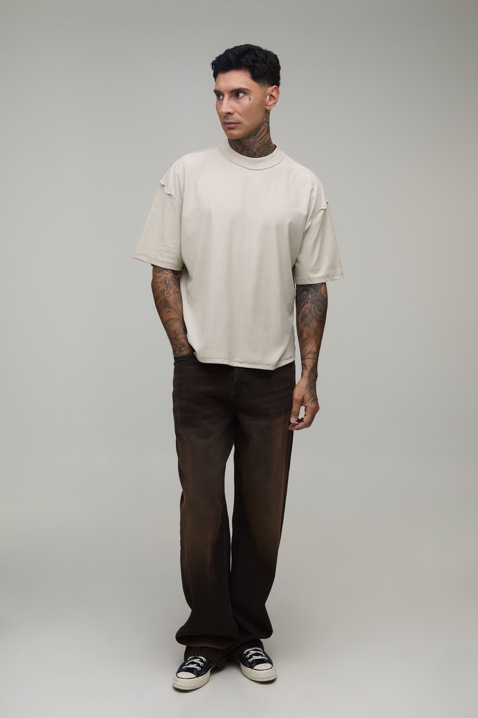 T-shirt Oversize Boxy Tall Stone À Imprimé Floral Pointillé Et Coutures Apparentes