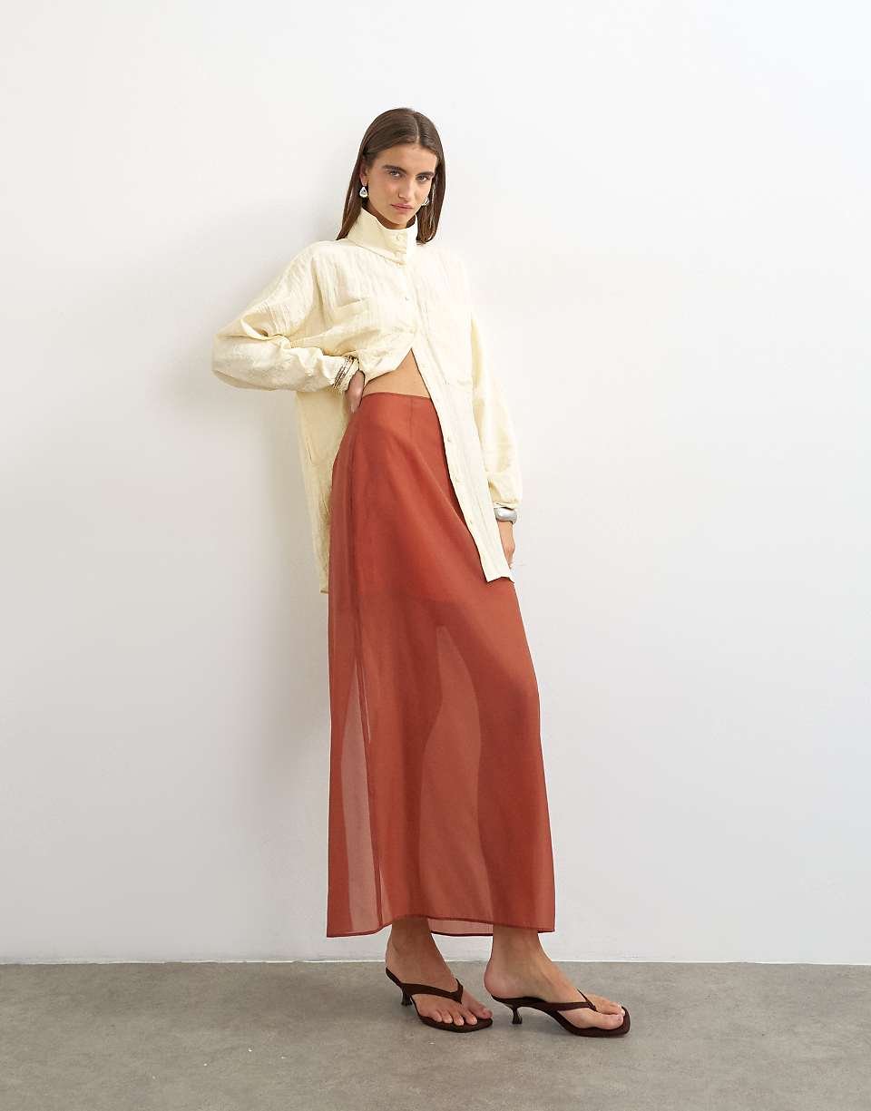Jupe longue droite d'ensemble en organza - Rouille