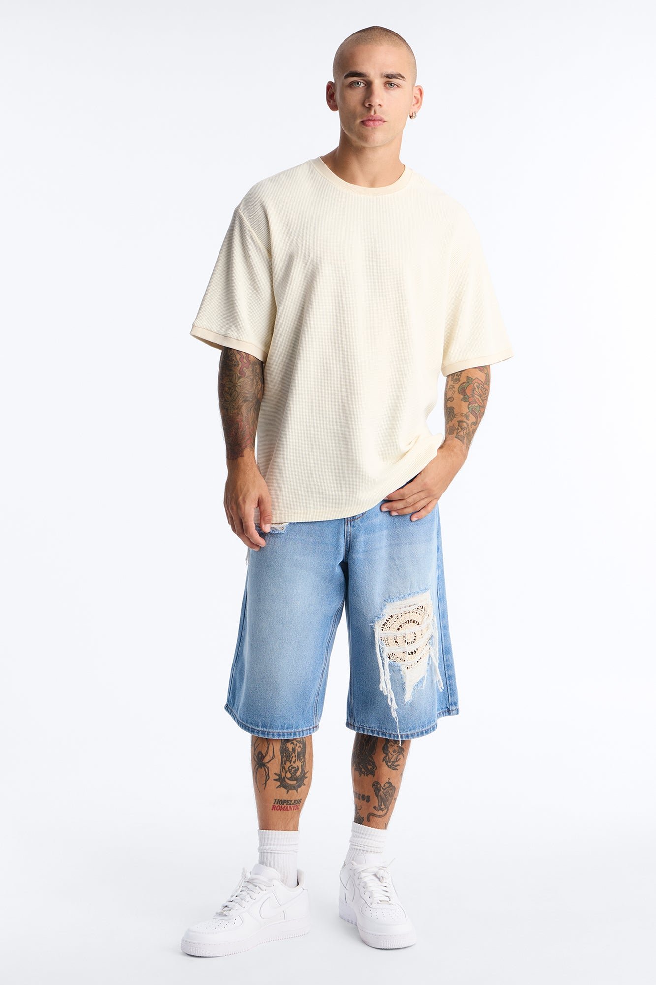 Crochet detail baggy denim shorts