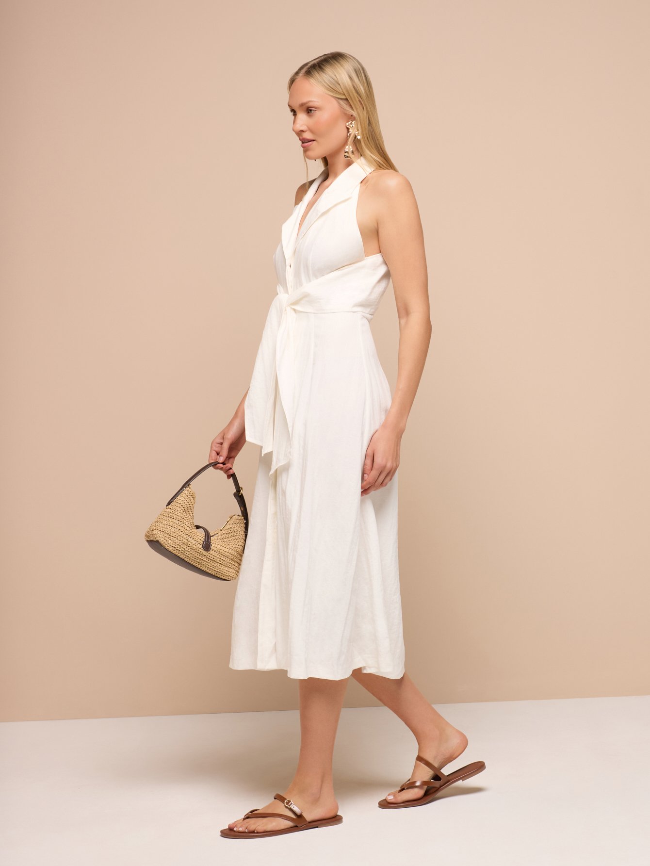 High neck flared midi dress with front bow