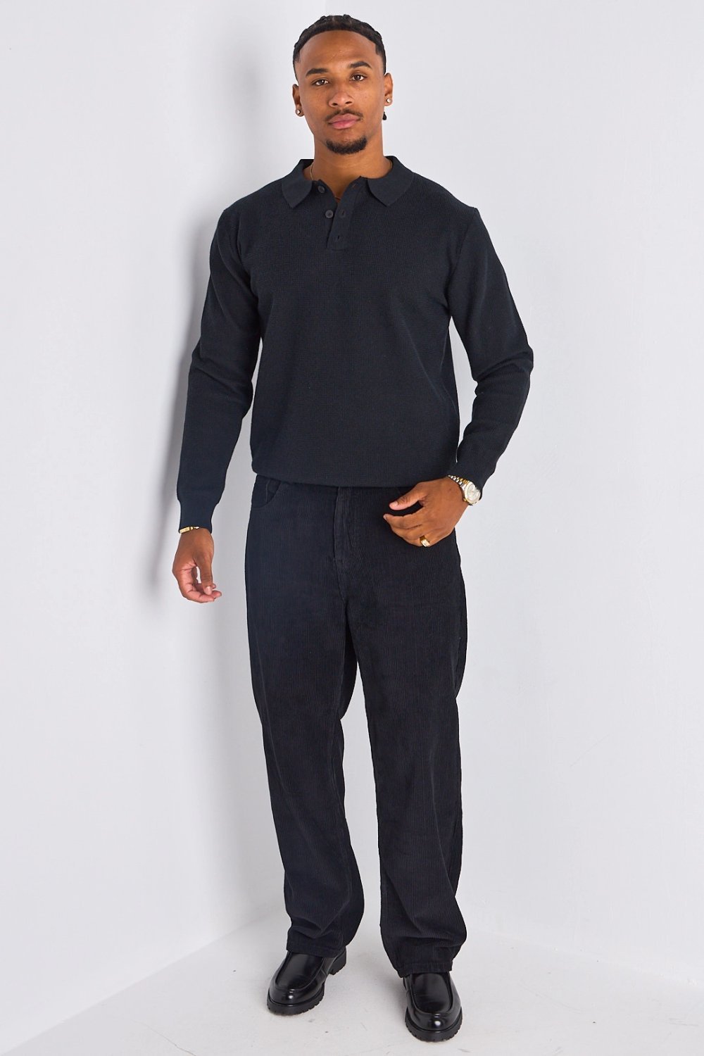 Polo manches longues effet maille noir