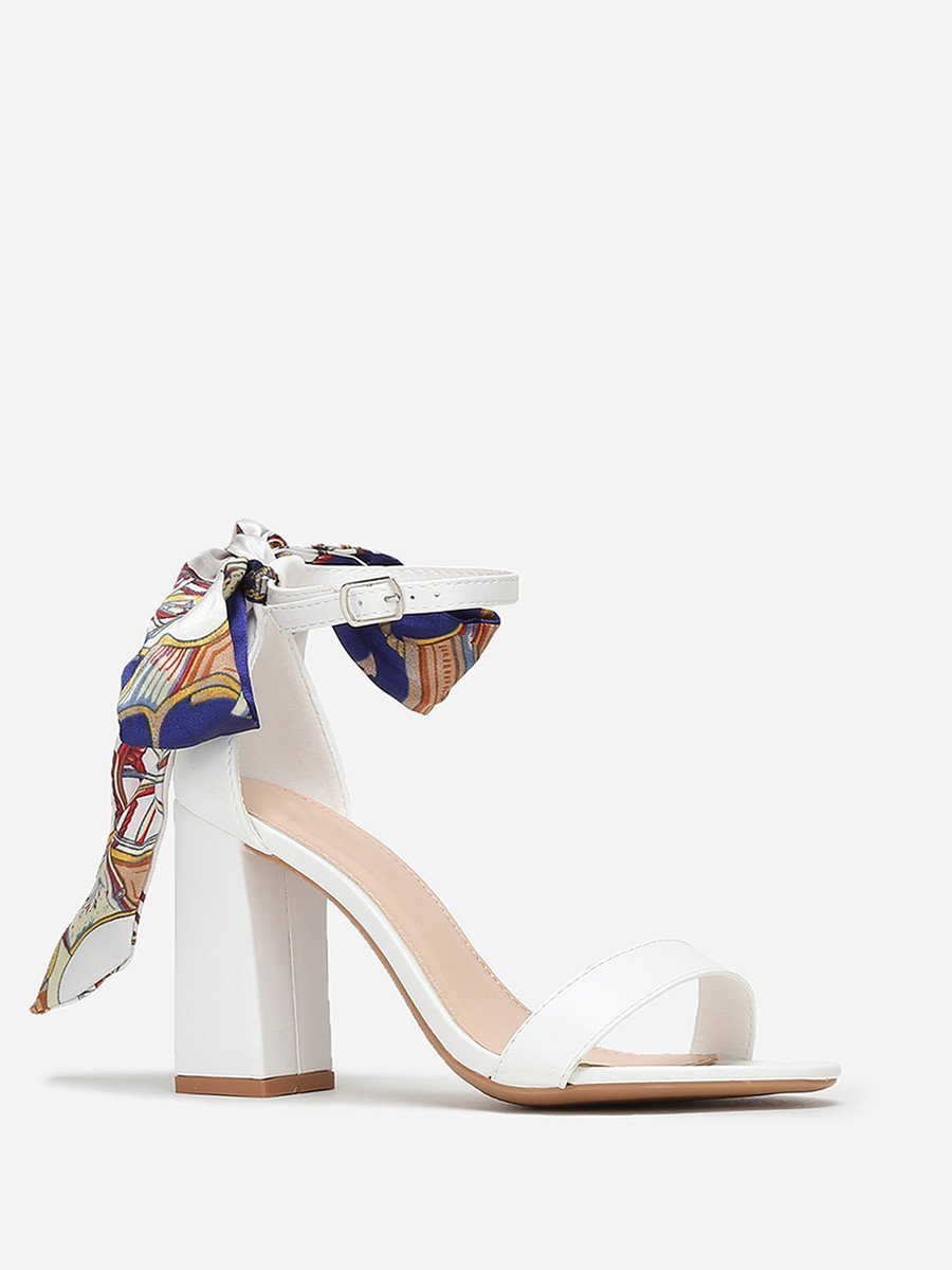 White block heel sandals with printed scarf