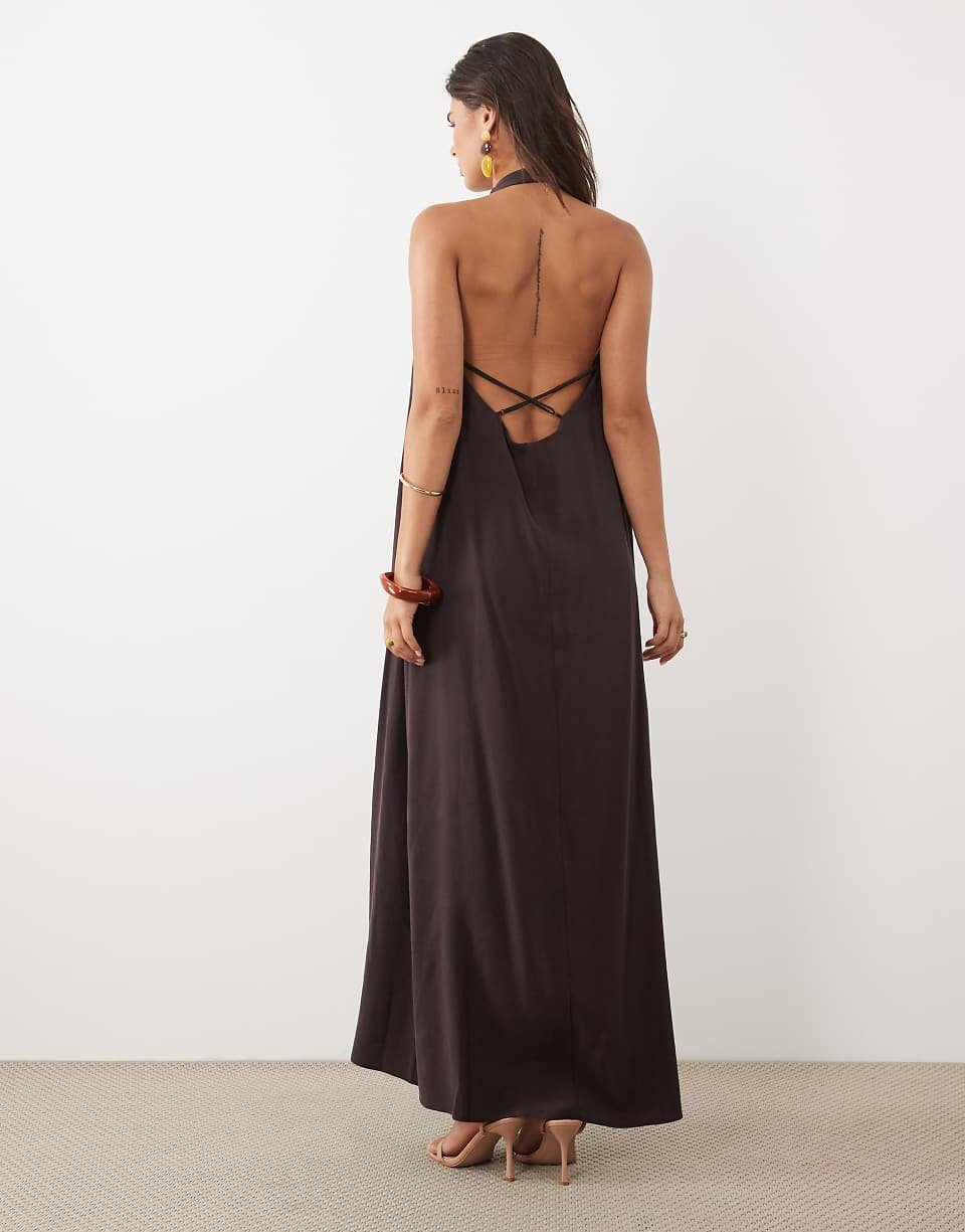 Chocolate Maxi Dress With Gathered Neck And Open Back