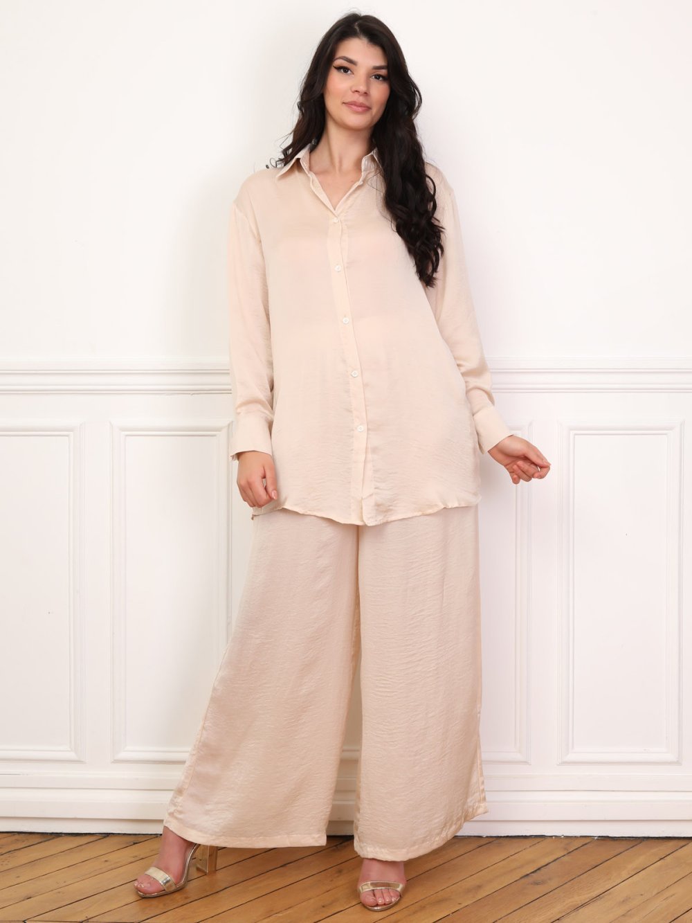 Beige satin shirt and trousers set
