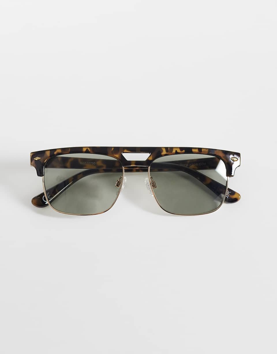Lunettes de soleil rétro avec monture effet écaille de tortue et verres verts - Vert