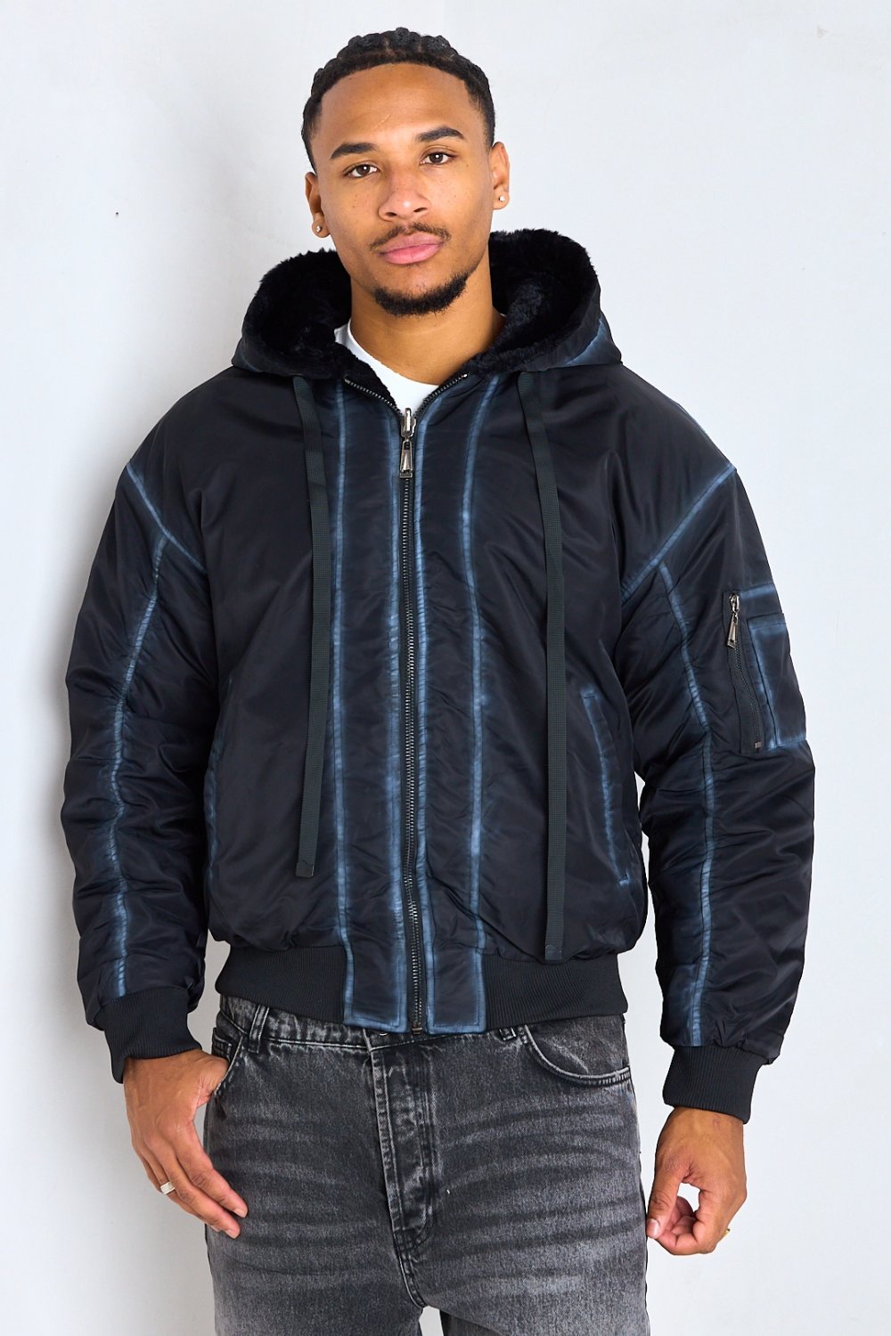 Black reversible hooded bomber with faux fur lining