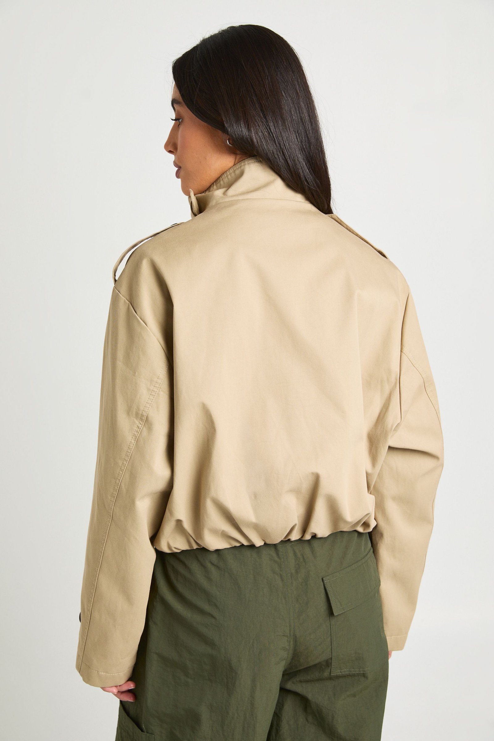 Cropped double-breasted high neck trench