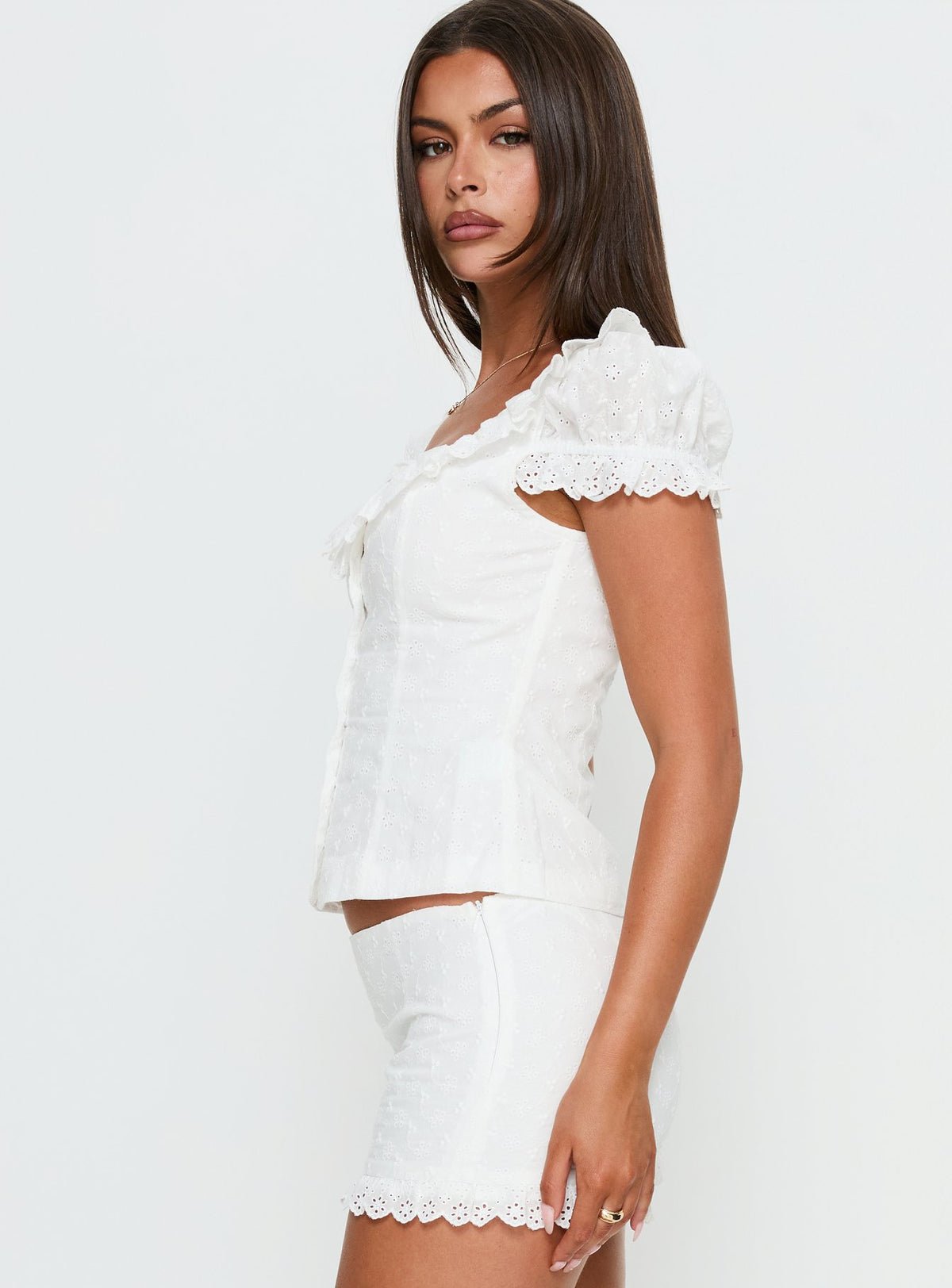 Button-up frill top with lace-trim cap sleeves