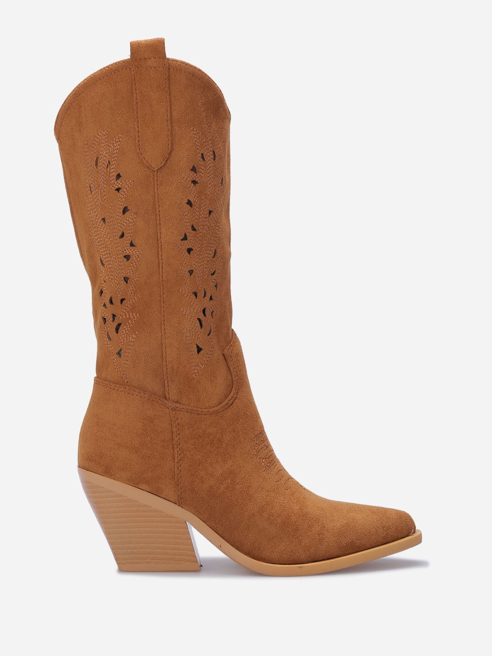 Camel mid-calf cut-out cowboy boots