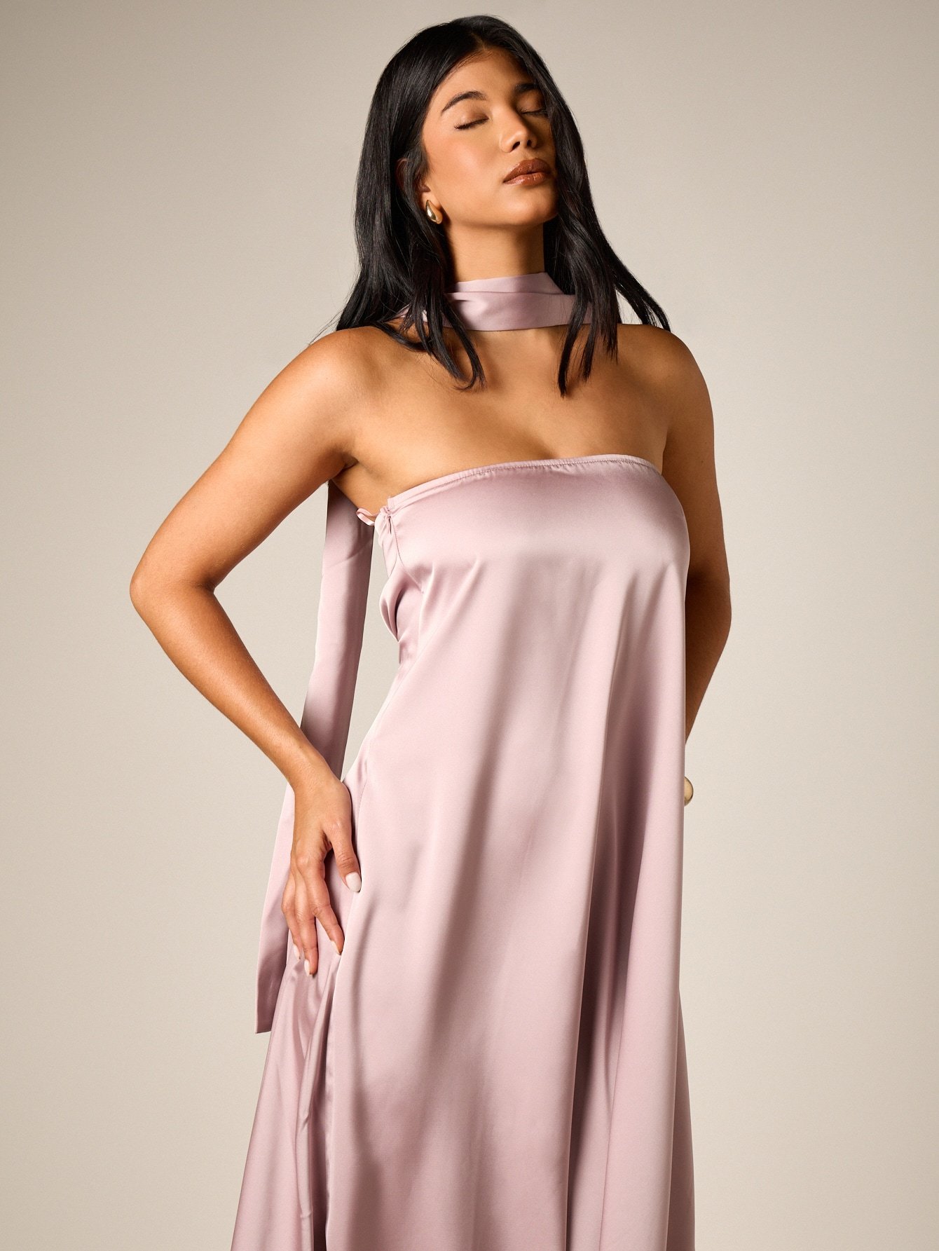 Strapless evening gown with satin scarf detail