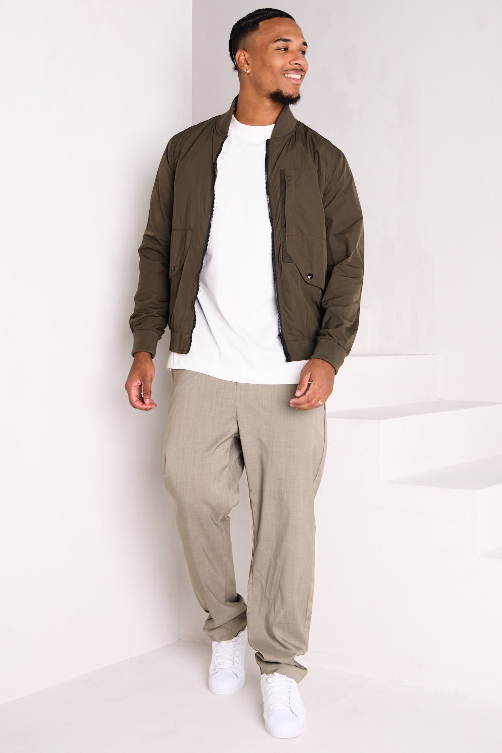 Khaki transitional jacket with high collar
