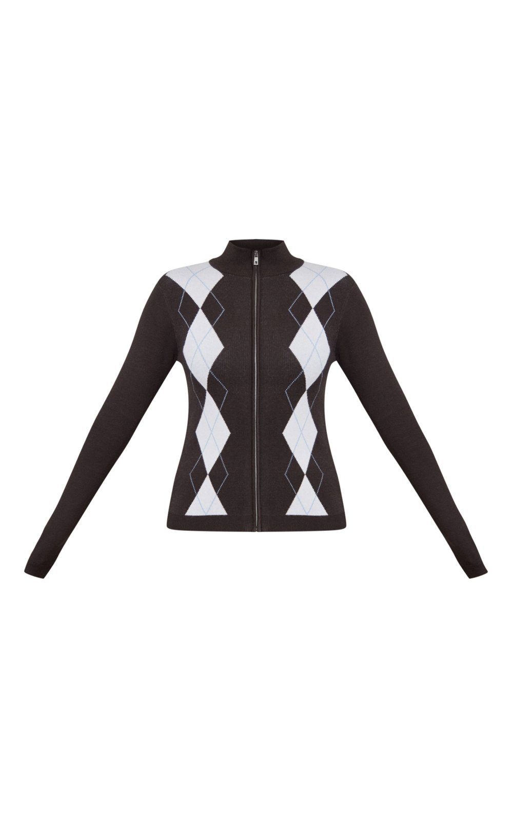High-neck zip argyle cardigan