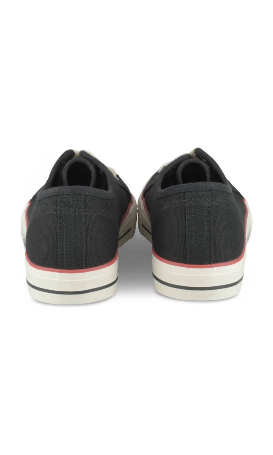 Black canvas sneakers with red stripe