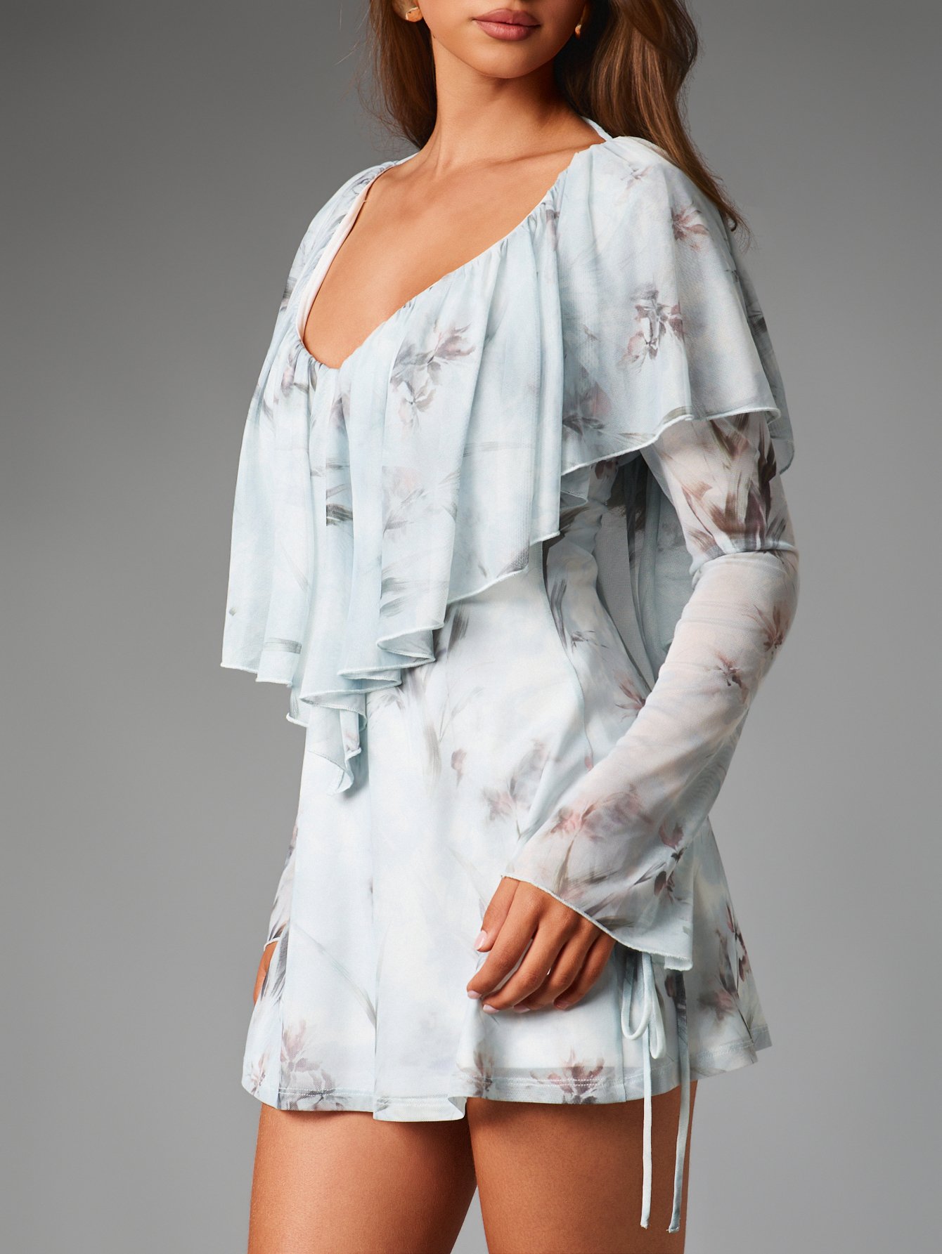 Floral chiffon mini dress with ruffle overlay