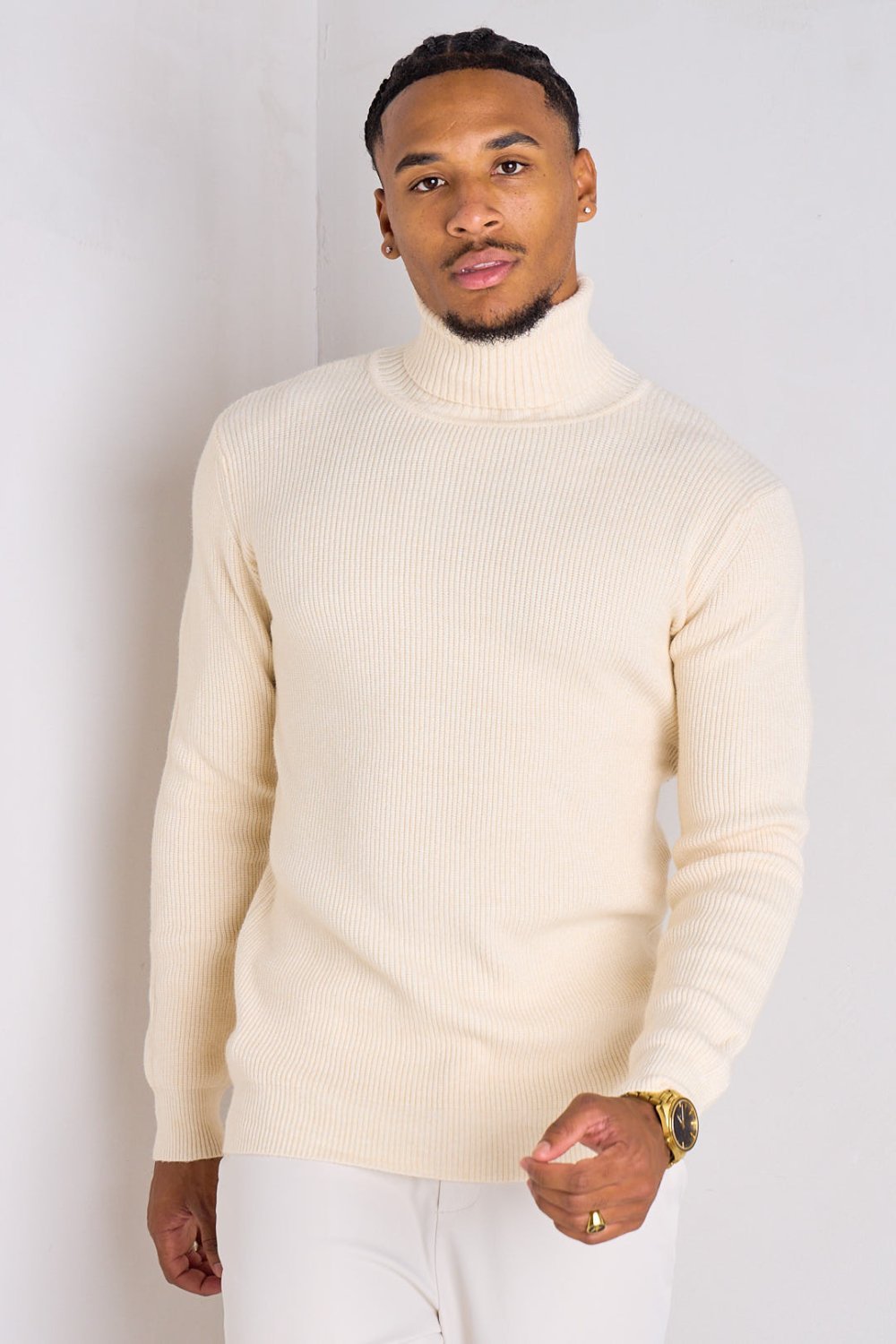 Pull col roulé en maille blanc cassé