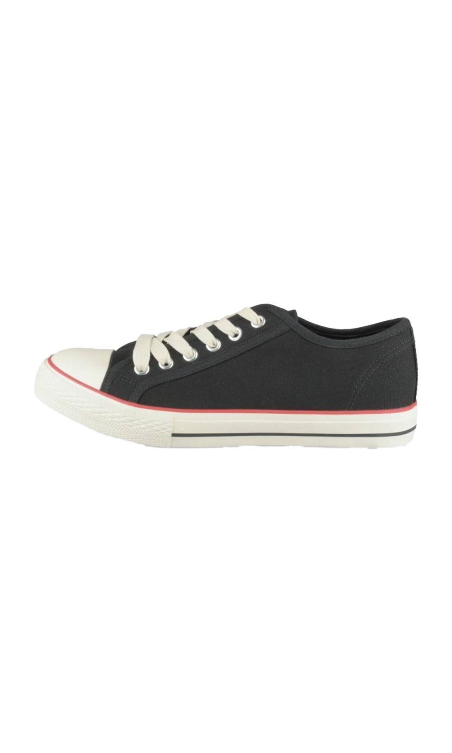 Black canvas sneakers with red stripe