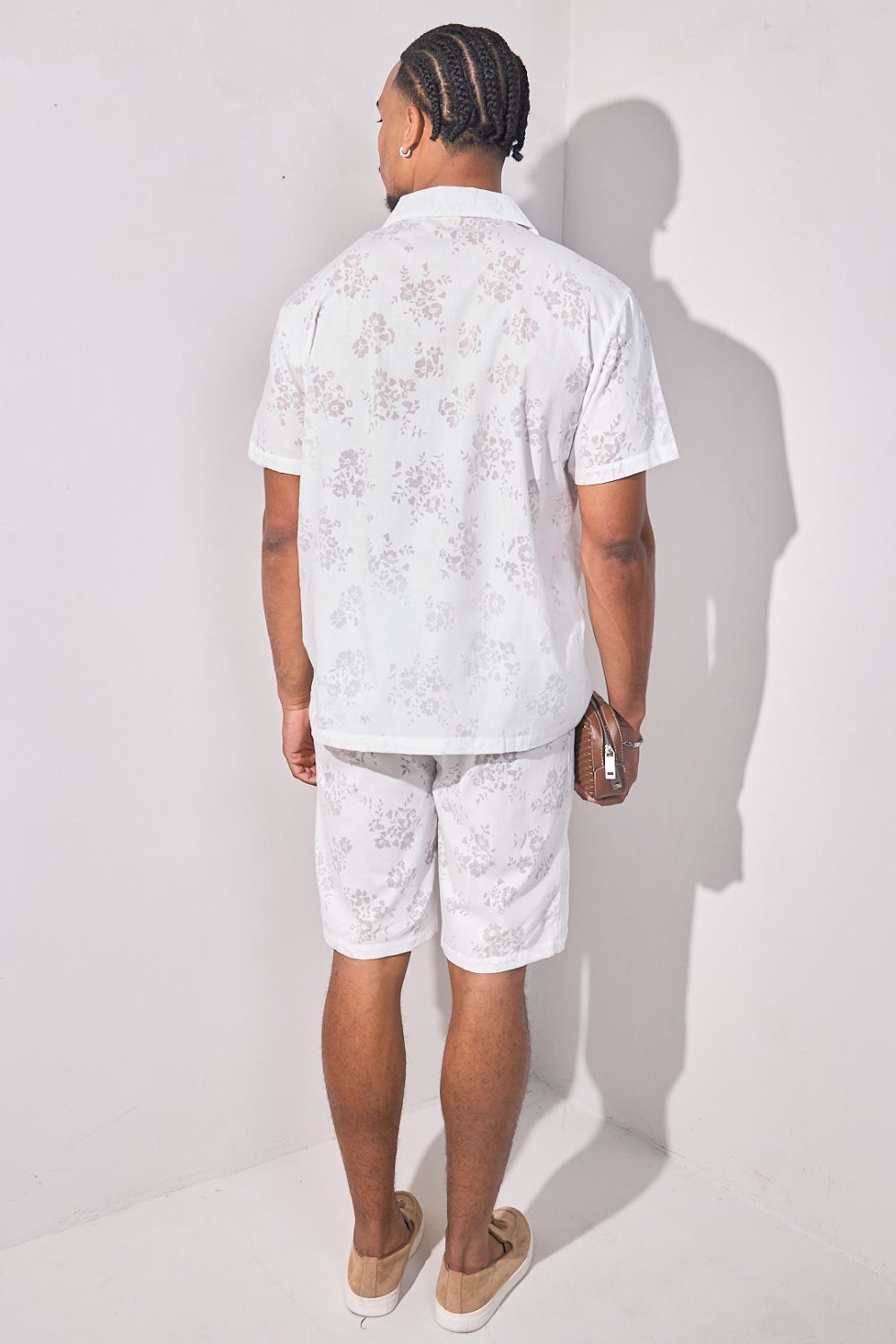 White sheer-flower shirt and shorts set