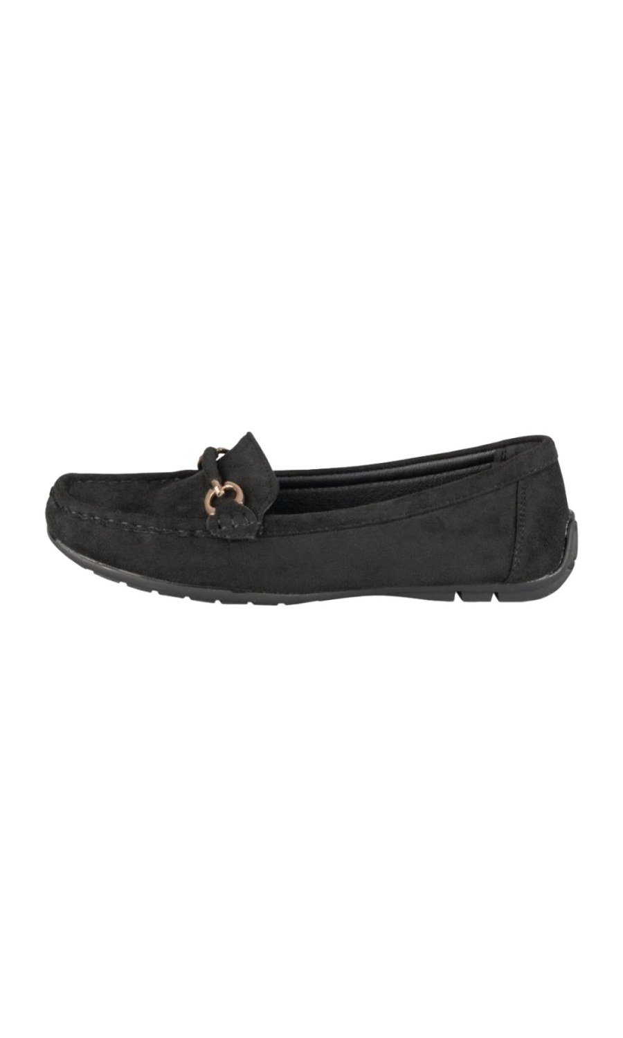 Black faux suede loafers, gold horsebit